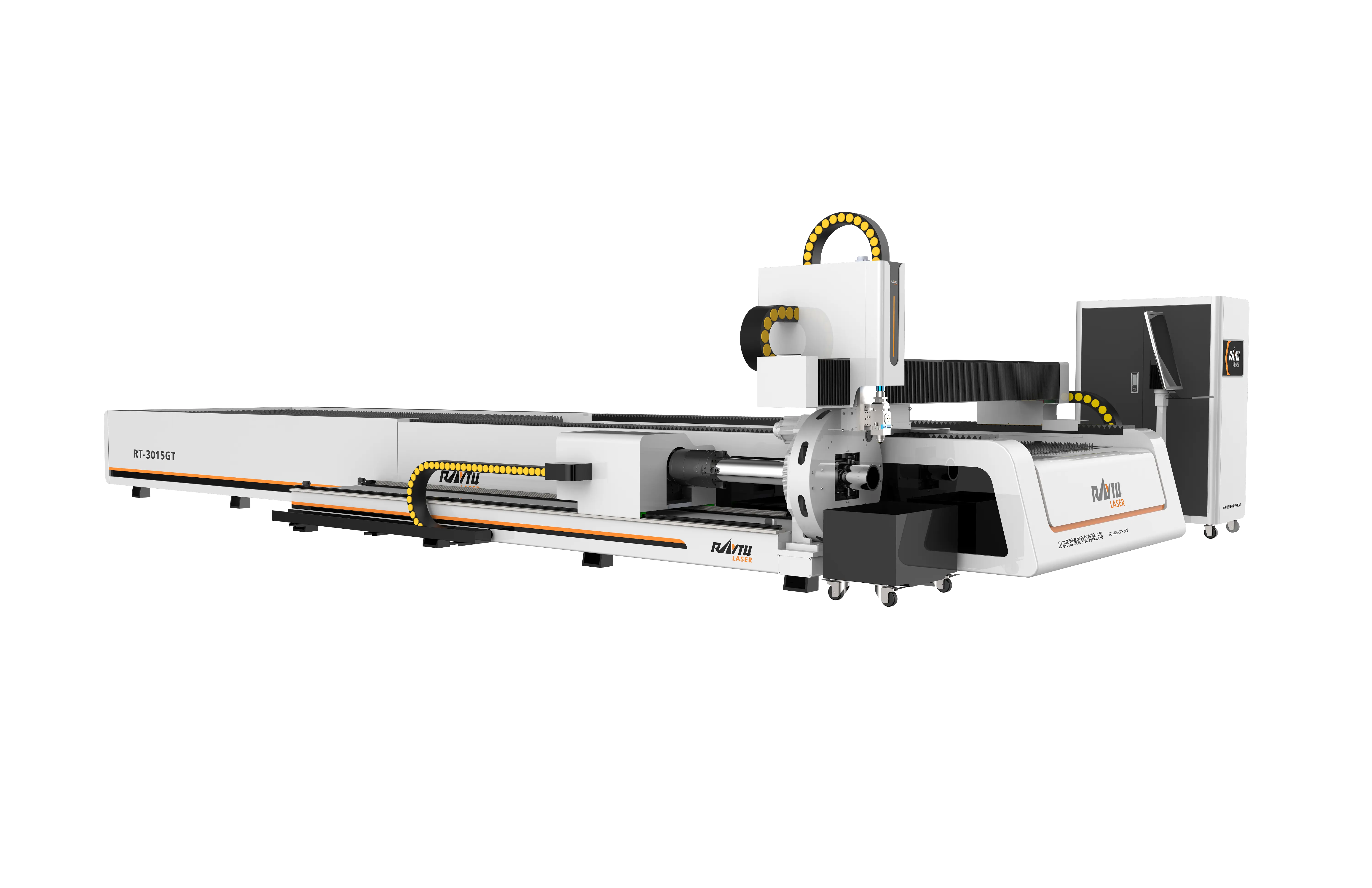 La série raytu PT est une machine de coupe laser à fibres optiques à commutation ouverte pour la coupe de tôles et de tubes métalliques.